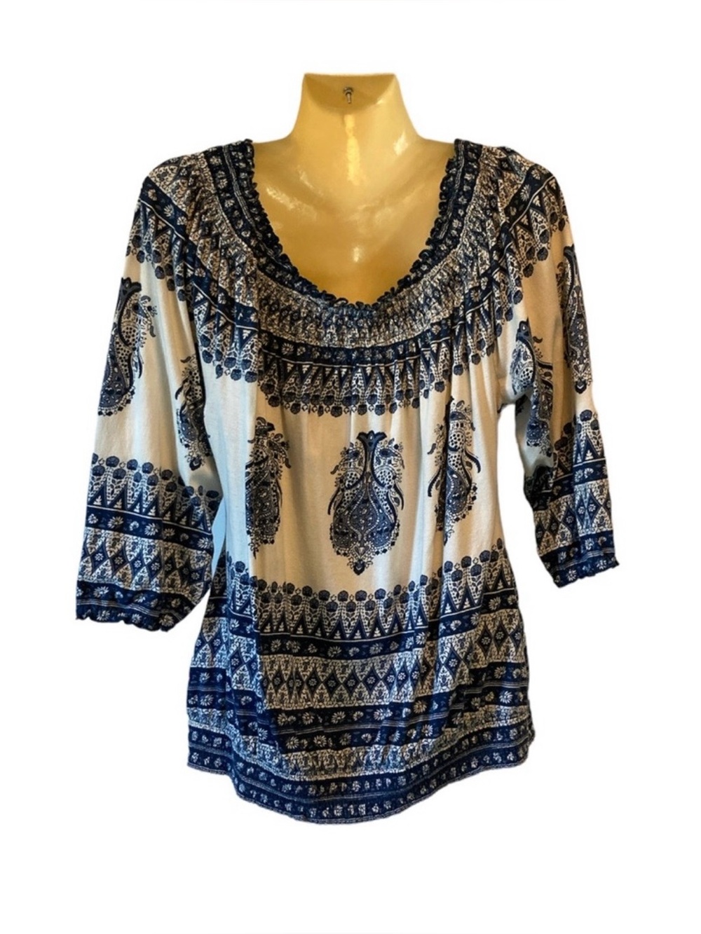 Lucky Brand Peasant Top Pullover Round Neck Blouse Blue Paisley Pattern XL